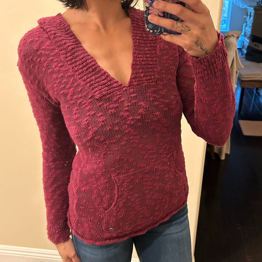 Roxy Knit Hoodie Sweater Womens Small Burgundy Boho Pullover Front Pocket